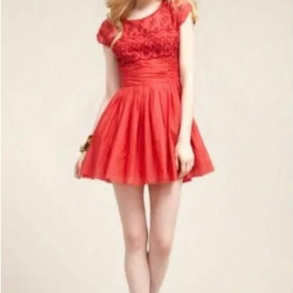 Free People Womens 2 Rose Garden Eyelet Embroidered Red Poppy Dress Fit Flare